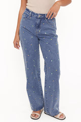 Kendall Straight Leg Jeans - Embroidery Medium Wash