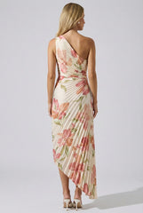Coral Garden Asymmetrical Pleated Maxi Dress