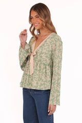 Reeva Long Sleeve Top - Green Floral