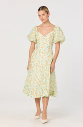 Mayra Floral Plissé Puff Sleeve Midi Dress