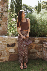 Madison Linen Column Skirt - Brown Floral