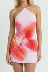 Hibiscus Sunset Halter Mini Dress