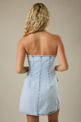 Buttoned Up Strapless Denim Mini Dress