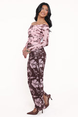 Navida Mesh Midi Skirt - Pink Brown Floral