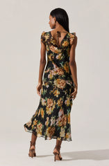 Alinta Floral Ruffle Cowl Neck Midi Dress