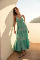 Seagreen Gauze Floral Embroidered Maxi Dress