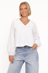Kenna Embroidered Long Sleeve Top - White Floral