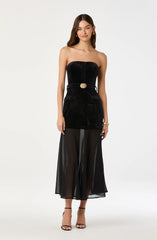 Strapless Contrast Belted Midi Dress