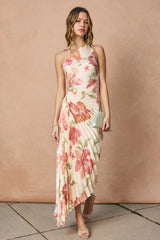 Coral Garden Asymmetrical Pleated Maxi Dress