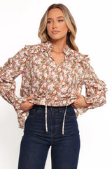 Selmah Long Sleeve Top - Cream Olive Orange