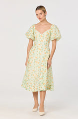 Mayra Floral Plissé Puff Sleeve Midi Dress