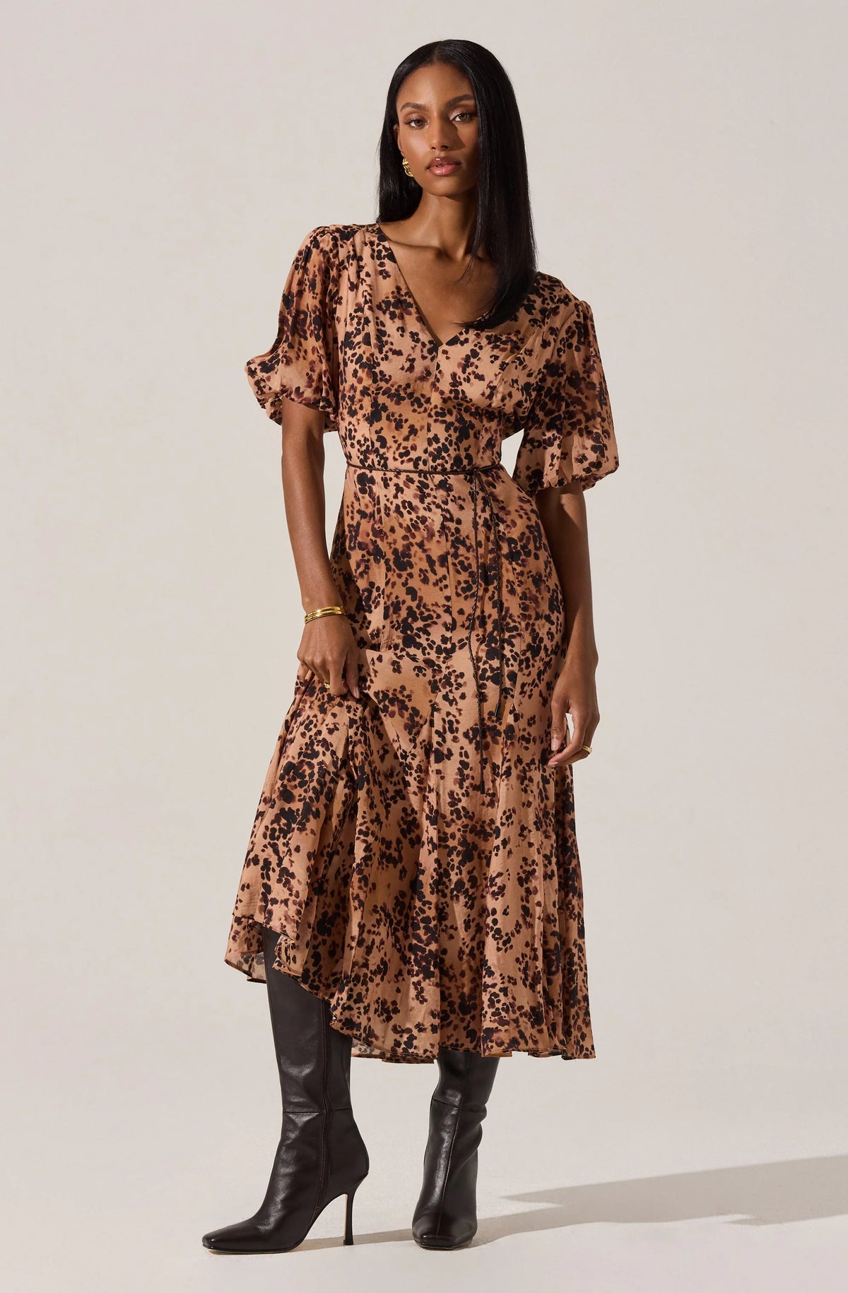 Lavena V-Neck Puff Sleeve Midi Dress