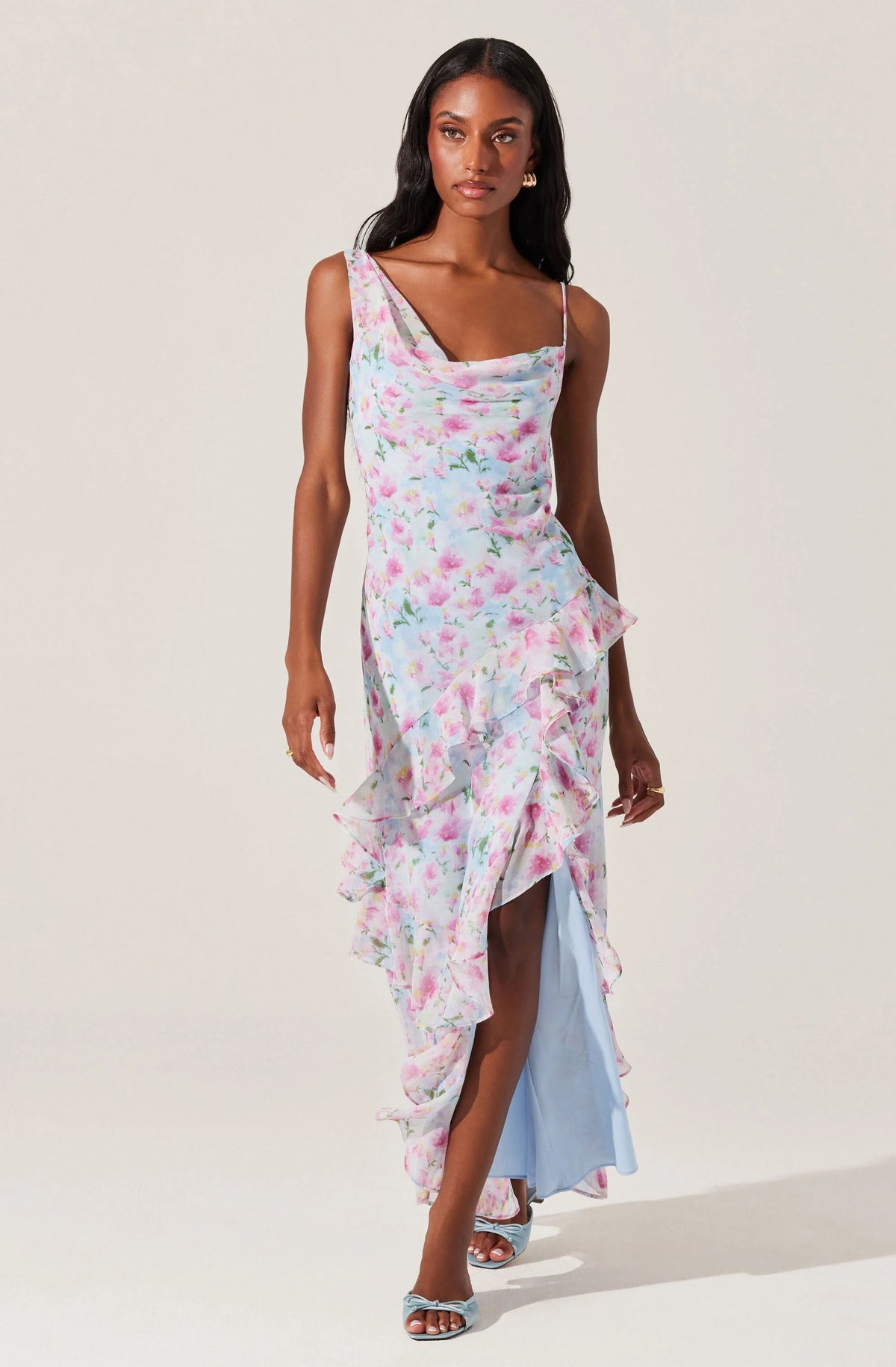 Levina Asymmetric Floral Ruffle Maxi Dress