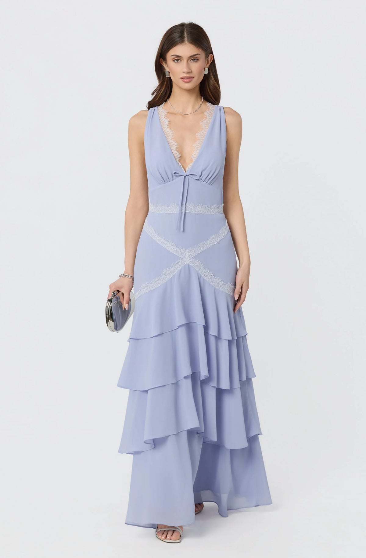 Evelyn Lace Trim Tiered Ruffle Maxi Dress