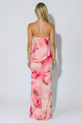 Petaline Floral Deep Plunge Halter Maxi Dress