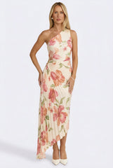 Coral Garden Asymmetrical Pleated Maxi Dress