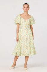 Mayra Floral Plissé Puff Sleeve Midi Dress