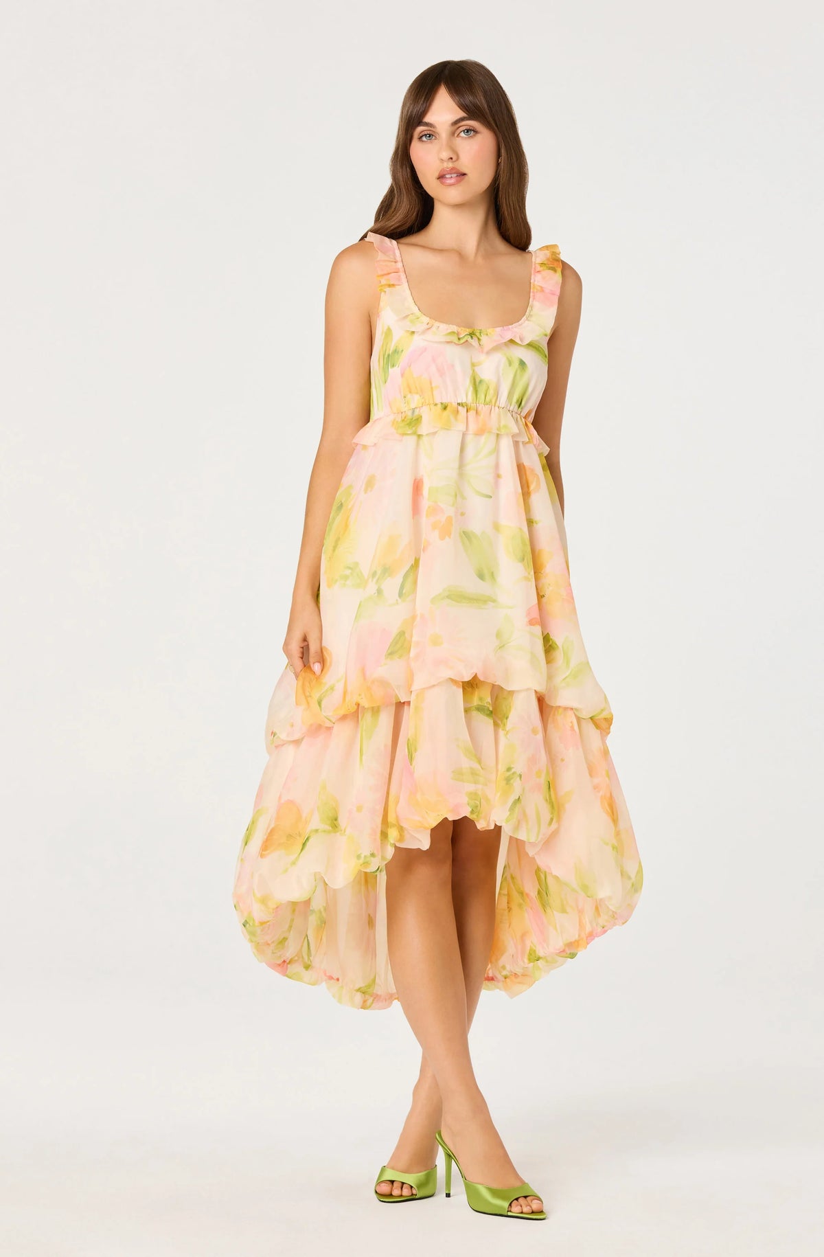 Serenidy Floral Ruffle Tiered High-Low Midi Dress