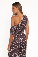 Romola Off Shoulder Top - Brown Cream Floral