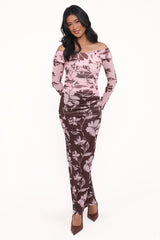 Navida Mesh Midi Skirt - Pink Brown Floral